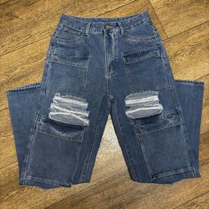 (160) Distressed Blue Denim Cargo Jeans
